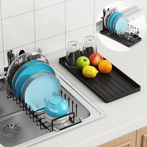 ANTOPY Sink Dish Drying Rack  Expandable Small Dish Rack Over Sinks with Silicone Drying Tray Dish Drainer for Kitchen Counter with Cutlery Holder Drying Rack Fit for 1419 Kitchen Sink