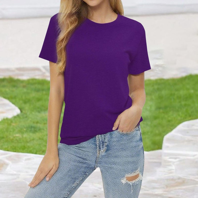LOOKFACE Women's Summer Short Sleeve Crewneck T Shirts Solid Color Tees Casual Basic Tops Purple Medium - Image 2