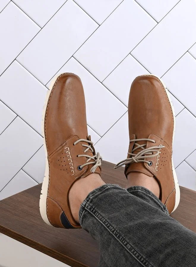 Styli Genuine Leather Stitch Detail Lace Up Shoes