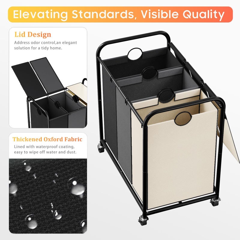 Olldide 180L (47.55 Gal) Laundry Sorter 3 Section, Rolling Laundry Basket with Lockable Wheels and Lid, Laundry Hamper with 3 Separated Removable Bags Dirty Clothes Hamper for Laundry Room, Multicolored - Image 4
