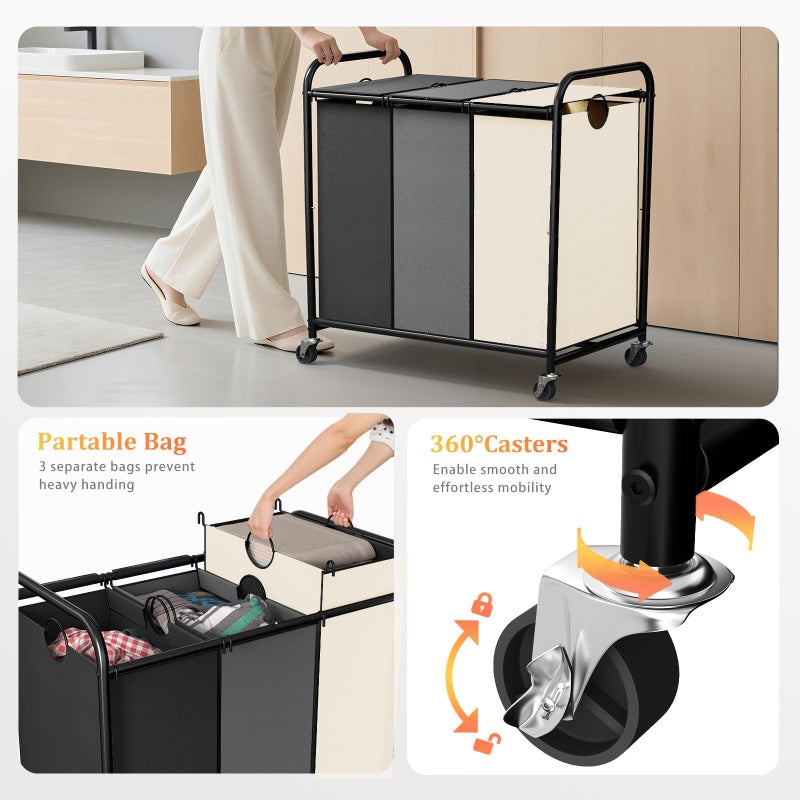 Olldide 180L (47.55 Gal) Laundry Sorter 3 Section, Rolling Laundry Basket with Lockable Wheels and Lid, Laundry Hamper with 3 Separated Removable Bags Dirty Clothes Hamper for Laundry Room, Multicolored - Image 3