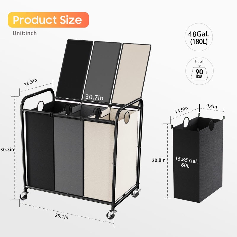 Olldide 180L (47.55 Gal) Laundry Sorter 3 Section, Rolling Laundry Basket with Lockable Wheels and Lid, Laundry Hamper with 3 Separated Removable Bags Dirty Clothes Hamper for Laundry Room, Multicolored - Image 2