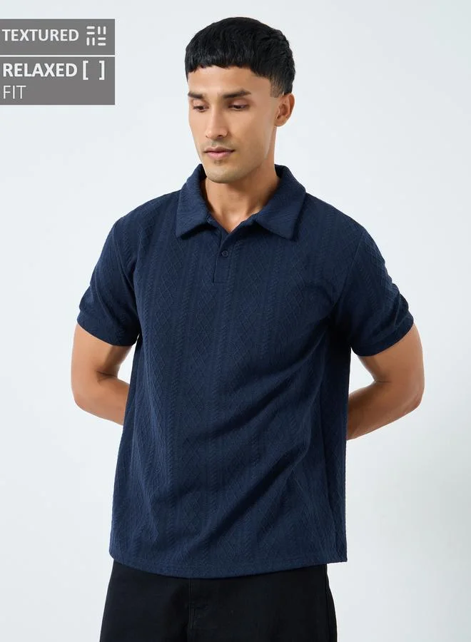 Styli Men Navy Textured Cable Knit Relaxed Polo