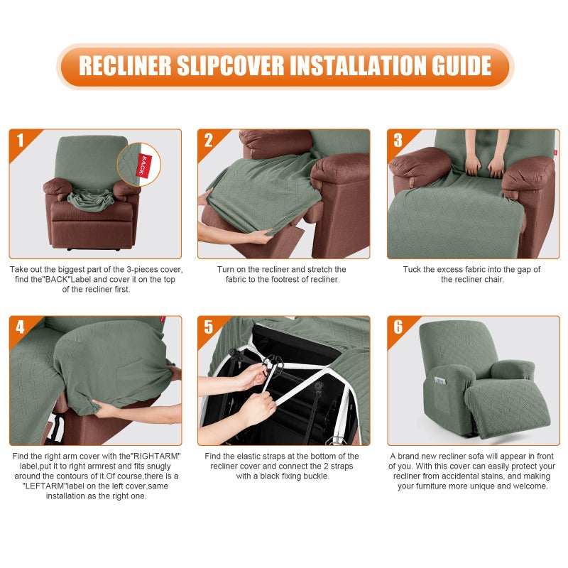 VANSOFY Recliner Chair Cover, 3-Pieces Stretch Recliner Covers for Recliner Chair Soft Reclining Chair Slipcover Furniture Protector for Dogs Cats(Bean Green) - Image 4
