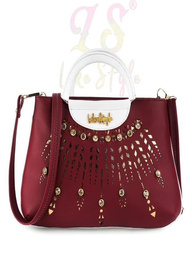LIKE STYLE Women's Top Handle Bag with Detachable Strap Cutwork Sling Bag for Women (MAROON) - Image 1