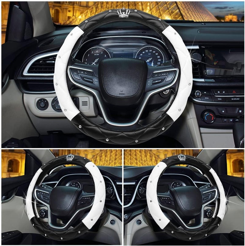 Coofig Steering Wheel Covers with Bling Diamond,Universal Leather Anti-Slip Car Steering Wheel Cover Sparkly Crown Car Accessories for Women Ladies (Black White) - Image 2
