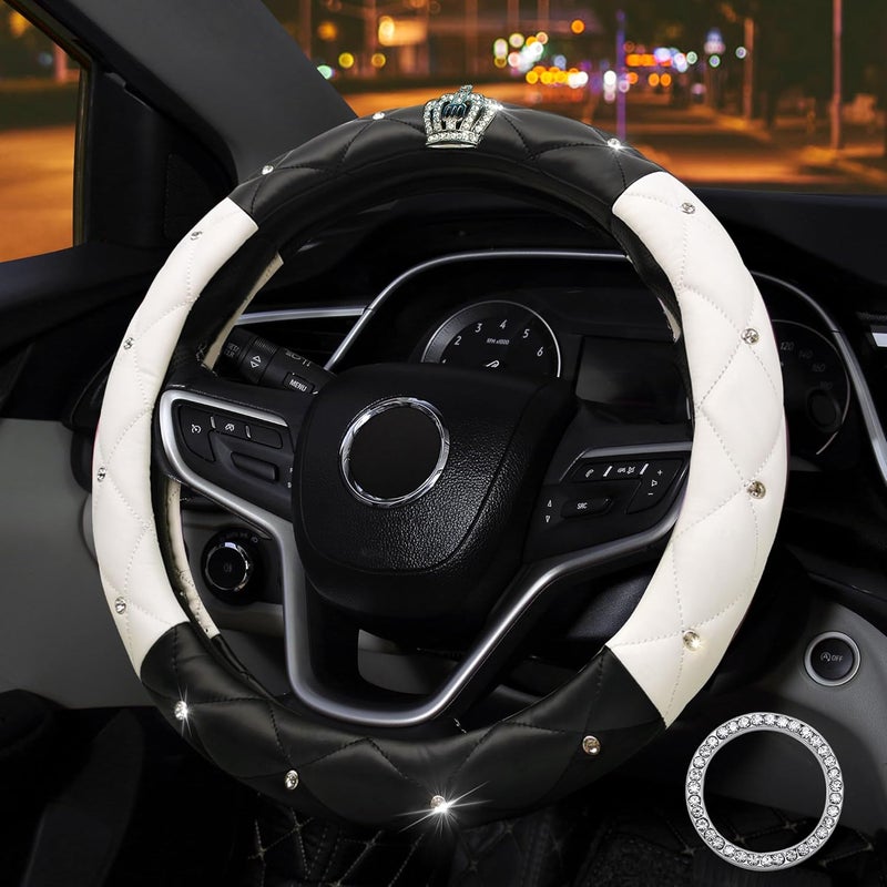 Coofig Steering Wheel Covers with Bling Diamond,Universal Leather Anti-Slip Car Steering Wheel Cover Sparkly Crown Car Accessories for Women Ladies (Black White) - Image 1