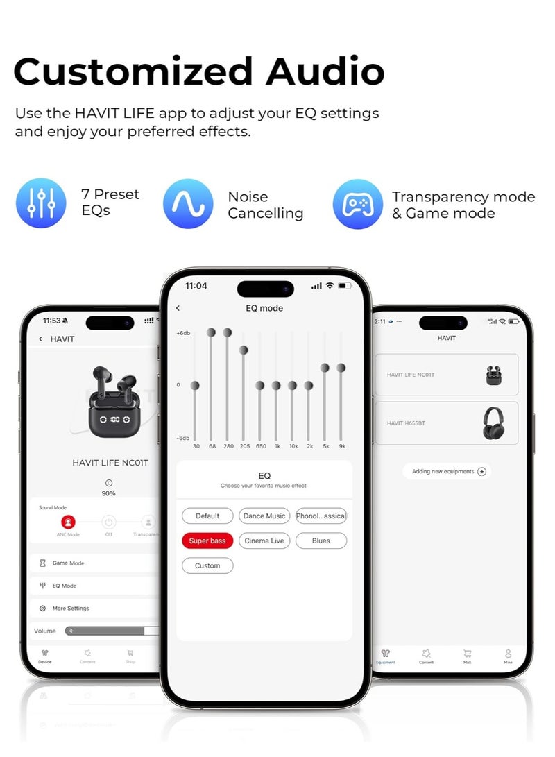 havit Bluetooth 5.4 Earbuds with Active Noise Cancelling (ANC), ENC for HD Calls, 10mm Bass Drivers, 24H Battery with LED Display, Fast Type-C Charging, Dual Pairing, Custom Sound via App, Ergonomic Design with 4 Eartip Sizes for Android, iPhone, Laptop  - Image 5