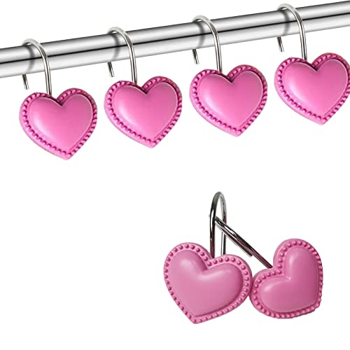 Heart Shower Curtain Hooks for Bathroom 12pcs Home Decorative Rustproof Shower Curtain Rod Ring Holder Hanger for Living Room Rose Red Resin