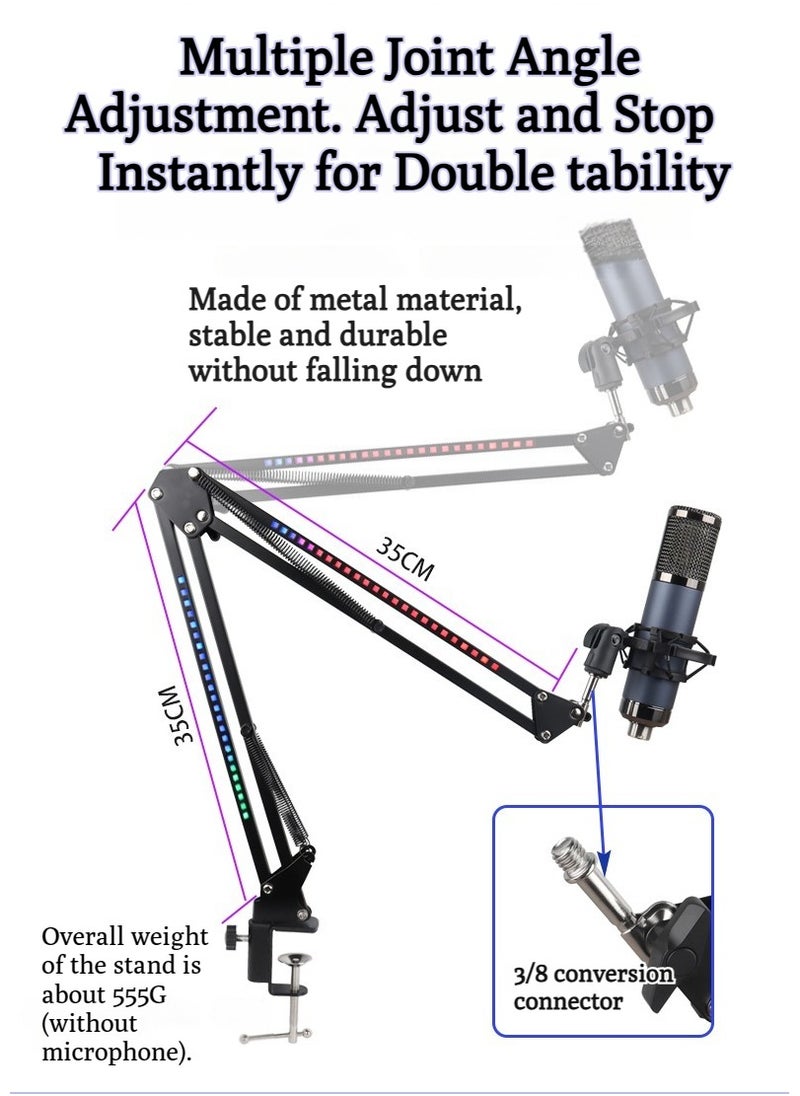 RGB Microphone Arm Stand,Mic Arm with RGB Light for QuadCast/Blue Yeti/Snowball/Shure SM7B/Rode NT1/Elgato,Rotatable Suspension Boom Scissor Stand for Gaming Streaming Podcasting YouTube