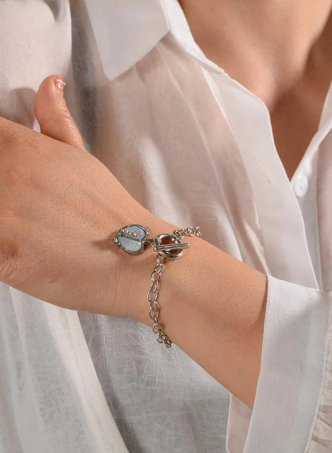 تايك تو Silver Tone Heart Charm link Bracelet