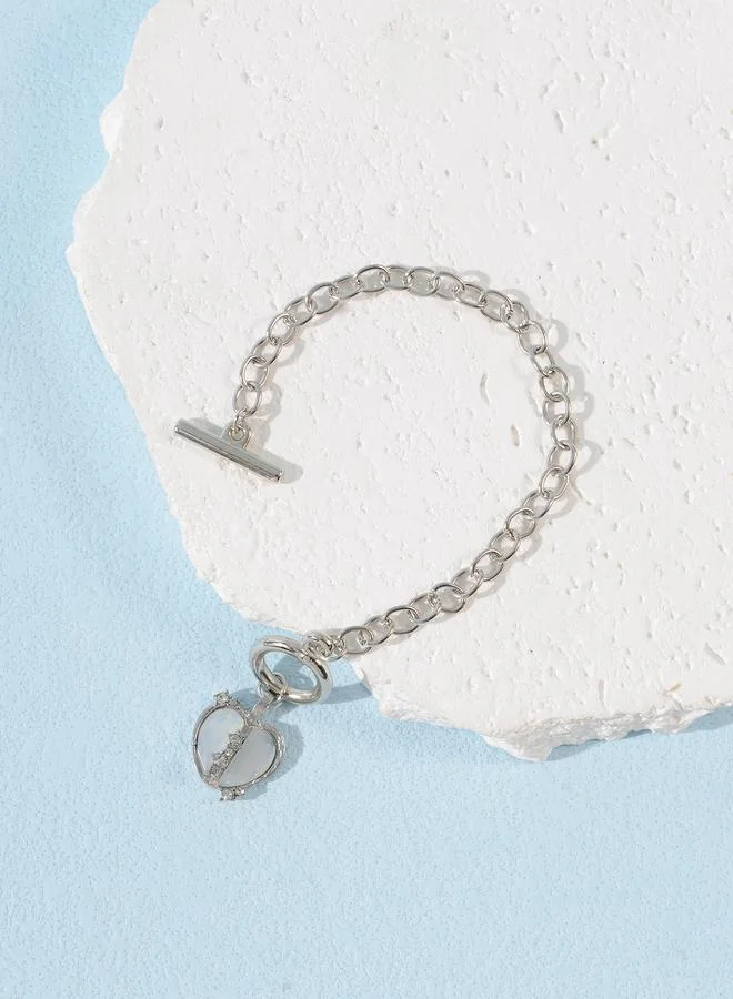 تايك تو Silver Tone Heart Charm link Bracelet