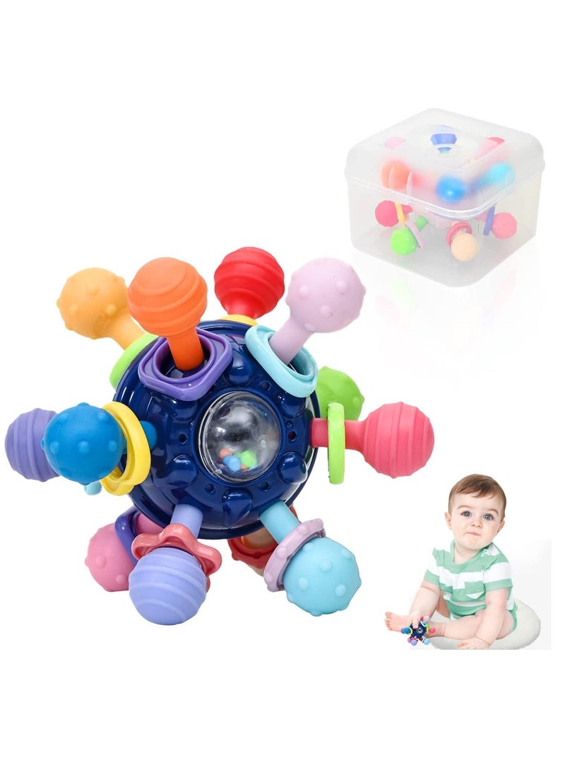 Baby Sensory Toy Teething Toy, Montessori Grasping Activities Toys Chew Ball Rattle Toy for Infant 3 Months+ with Box, Teethers Chew Toys, Blue - Image 1