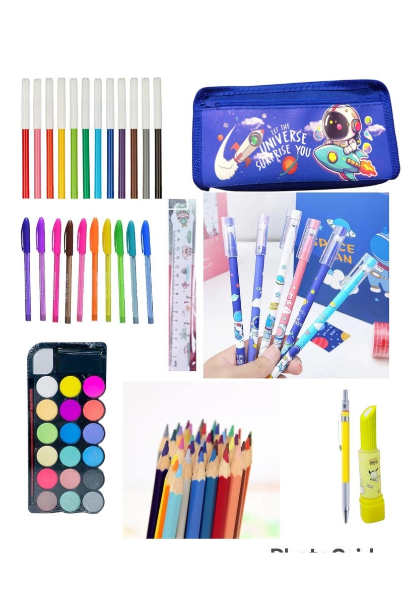 51-piece school supplies set (astronaut pencil case + 12 felt-tip pens + 12 wooden pens + 12 astronaut gel pens + 10 fluorescent markers + 18-color watercolor palette + 15cm ruler + lipstick eraser + acrylic pencil) - Image 1