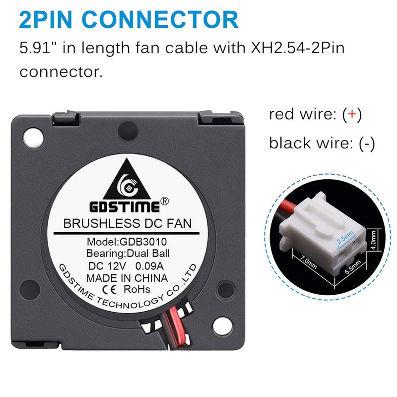 Gdstime 30mm x 30mm x 10mm 12V Mini Brushless Cooling Blower Fan Dual Ball Bearing - Image 4