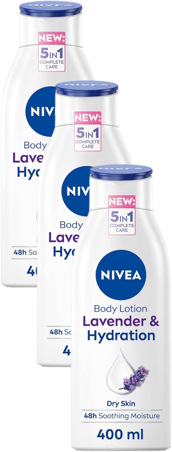 NIVEA Lavender Body Lotion 400ml NIVEA Moisturiser for Dry Skin with Natural Origin Oils and Lavender Scent NIVEA Body Lotion for Smoother Skin Pack of 3
