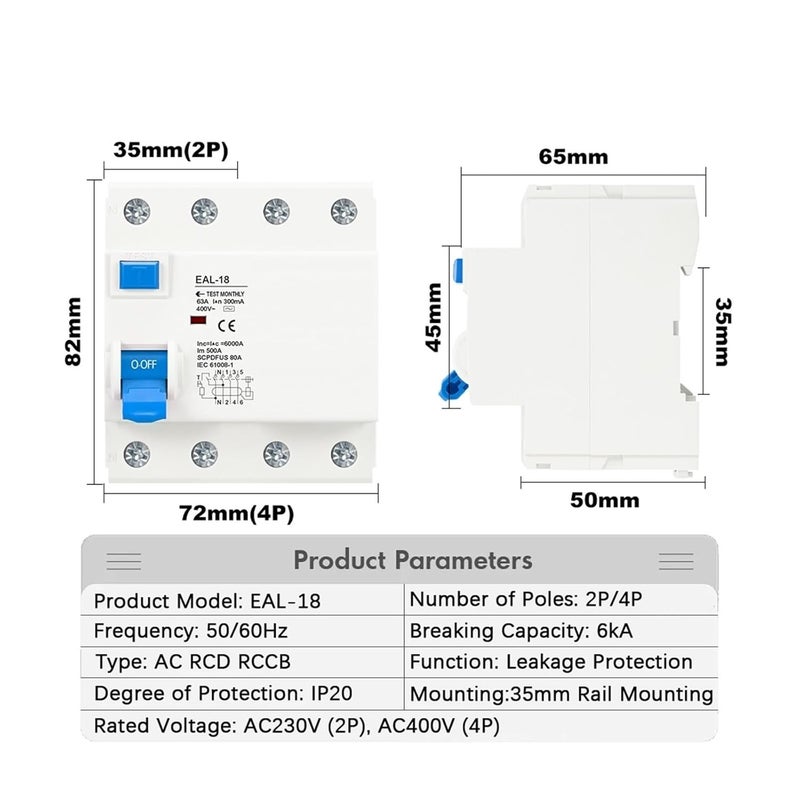 4P 50A 10mA AC RCCB RCD ELCB Electromagnetic Residual Current Circuit Breaker Safety Switch - Image 3
