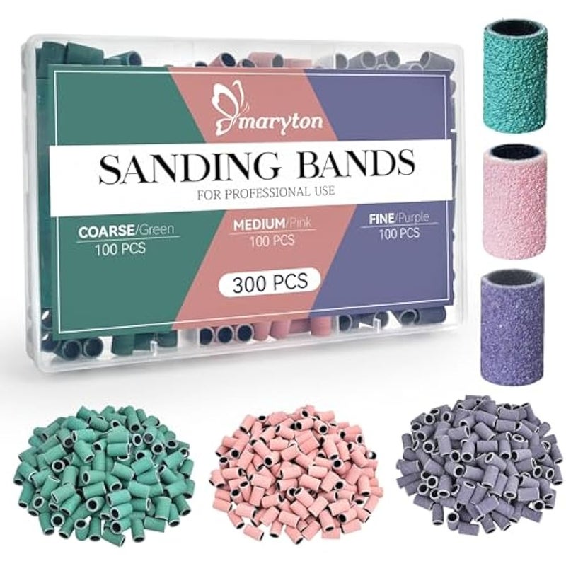 Maryton 300 Pcs Sanding Bands for Nail Drill, Coarse/Medium/Fine Nail Sanding Band Bulk for Professional Salons Manicures and Pedicures - Image 1