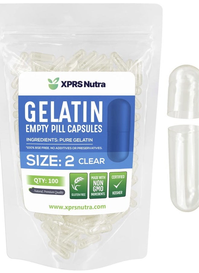 XPRS Nutra - Size 2 Empty Capsules - 100 Count Empty Gelatin Capsules - Clear Empty Pill Capsules - DIY Capsule Filling - Pure Bovine Pill Capsules Empty Gel Caps - Image 1