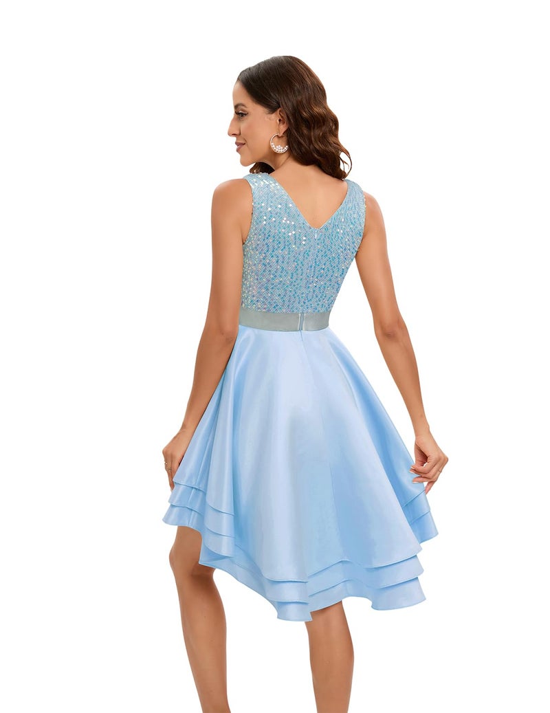 Meetjen Party Dress for Teens Short Bling Sequin High Low Satin Fancy Cocktail Prom Wedding Evening Dresses Blue S - Image 5