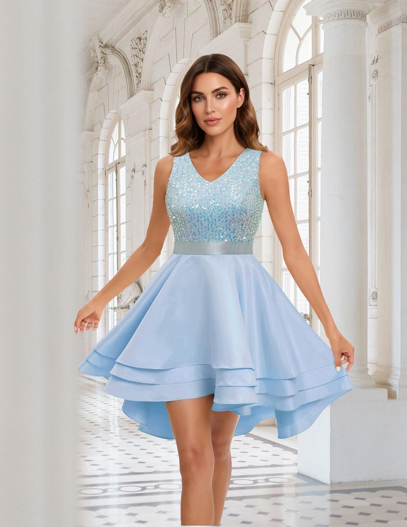 Meetjen Party Dress for Teens Short Bling Sequin High Low Satin Fancy Cocktail Prom Wedding Evening Dresses Blue S - Image 3