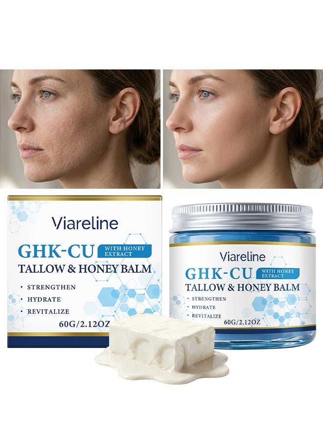 Viareline Copper Peptides GHK-Cu Beef Tallow & Honey Balm For Skin: Blue Balm With Methylene Blue, Manuka Honey & Vitamin E, Natural Face And Body Moisturizer For Mature, Dry & Sensitive Skin, 60g - Image 1