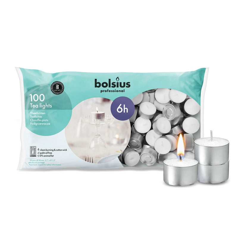 BOLSIUS BOLSIUS Tea Lights Candles  Bulk Pack of White Unscented Candle Lights with 6 Hour Burning Time  Tea Candles for Wedding Home Parties and Special Occasions Pack of 100