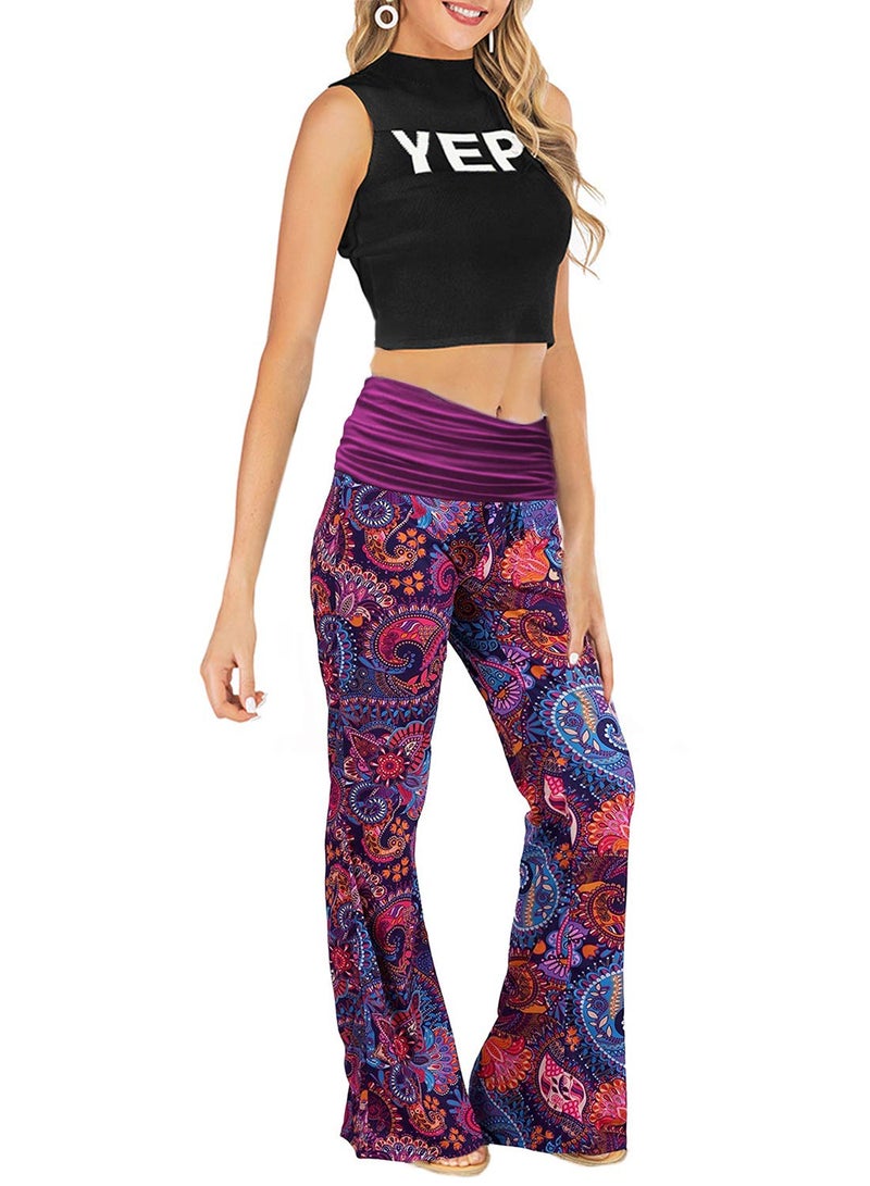 Gracyoga Women's Comfy Pajama Pants Wide Leg Lounge Palazzo Yoga Pants Stretch Casual Floral Print Fold Waist Pants - Image 2
