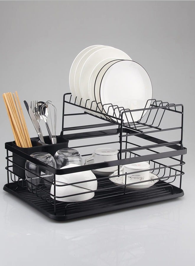 فلاي رود حامل تجفيف الأطباق الأسود فوق الحوض 2 طبقة منظم سعة كبيرة للمطبخ مع حامل أواني حامل حامل مضاد للبكتيريا - Image 4