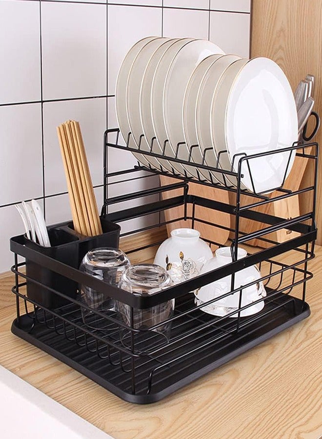 فلاي رود حامل تجفيف الأطباق الأسود فوق الحوض 2 طبقة منظم سعة كبيرة للمطبخ مع حامل أواني حامل حامل مضاد للبكتيريا - Image 3