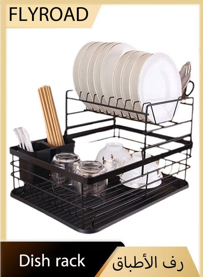 فلاي رود حامل تجفيف الأطباق الأسود فوق الحوض 2 طبقة منظم سعة كبيرة للمطبخ مع حامل أواني حامل حامل مضاد للبكتيريا - Image 1