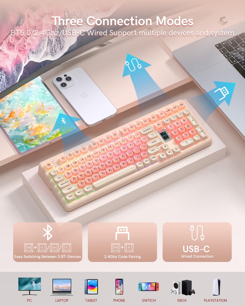 Keymatic Foundation Mechanical Keyboard,98% Pink Creamy Keyboard Gaming Keyboard,3 Mode with Multimedia Screen,RGB Backlit,Jelly MOA Profile keycaps for Win/Mac,Pink - Image 3
