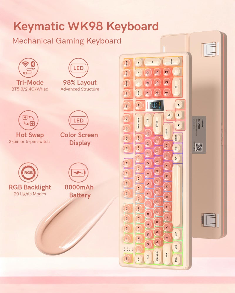 Keymatic Foundation Mechanical Keyboard,98% Pink Creamy Keyboard Gaming Keyboard,3 Mode with Multimedia Screen,RGB Backlit,Jelly MOA Profile keycaps for Win/Mac,Pink - Image 2