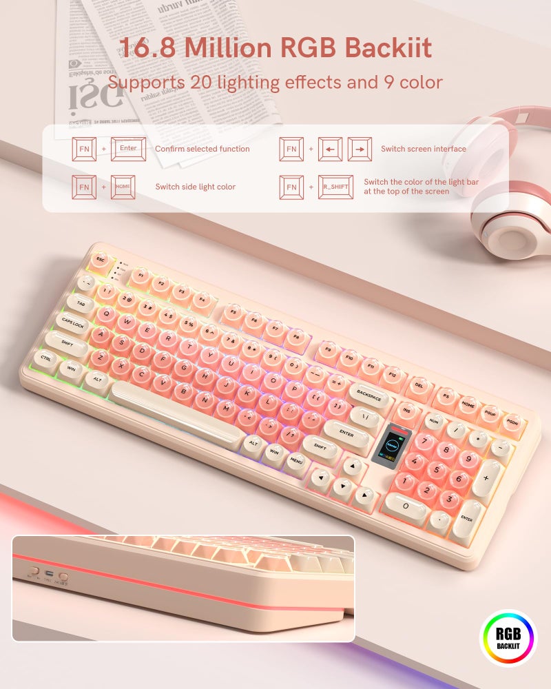 Keymatic Foundation Mechanical Keyboard,98% Pink Creamy Keyboard Gaming Keyboard,3 Mode with Multimedia Screen,RGB Backlit,Jelly MOA Profile keycaps for Win/Mac,Pink - Image 4