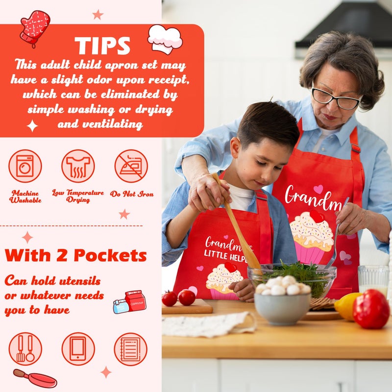R HORSE 2Pcs Adults Kids Matching Apron Set Grandma and Me Adjustable Kitchen Apron with 2 Pockets Matching Gift for Grandma and Granddaughter Cooking Baking Painting Training Back to School Gifts - Image 3