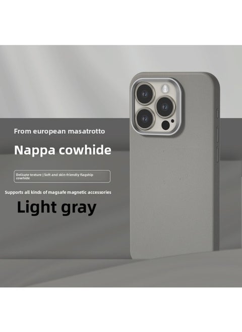 All-inclusive Fine Leather Case MagSafe Magnetic Application IPhone14pro Max Apple 15 Phone Case 13 Solid Color-Color:XYM Fine Leather Light Gray-Applicable Model:15plus (without Packaging)