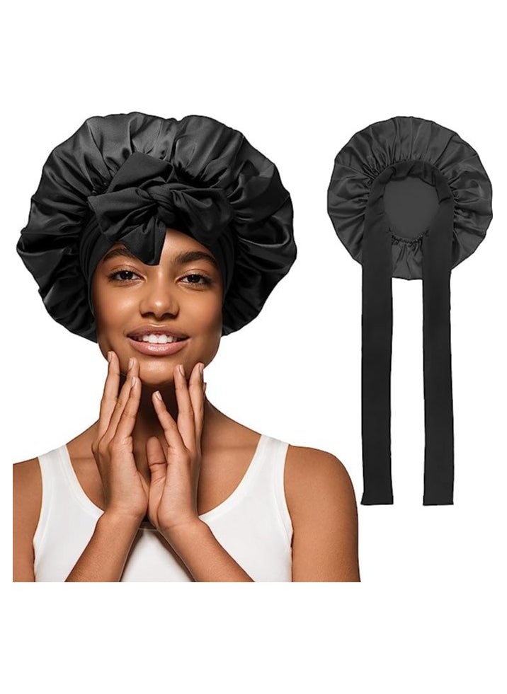 Generic 1 Set Hair Bonnet Wide Band - Silk Like Sleeping Bonnets for Curly Hair Night Cap with Tie Band for Women and Girls (Black)  - Image 1