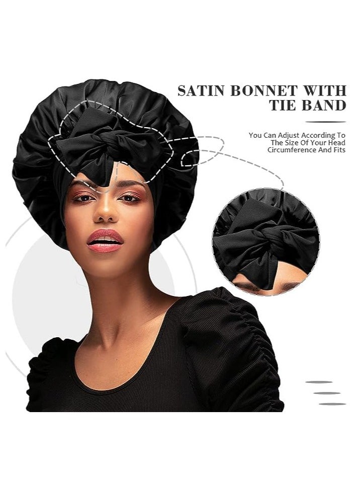 Generic 1 Set Hair Bonnet Wide Band - Silk Like Sleeping Bonnets for Curly Hair Night Cap with Tie Band for Women and Girls (Black)  - Image 2