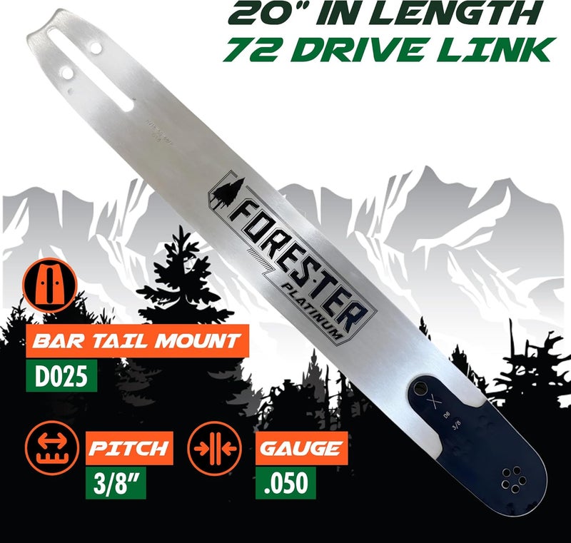 FORESTER 20” Platinum Replacement Chainsaw Guide Bar - 20in Length, 3/8” Pitch, .050 Gauge, D025 Mount, 72 Drive Link – Replacement Chainsaw Bars For Stihl - Image 3
