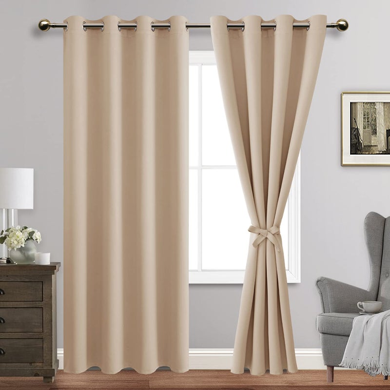 JIUZHEN Beige Blackout Curtains with Tiebacks - Thermal Insulated  Light Blocking and Noise Reducing Grommet Curtains for Bedroom and Living Room  Set of 2 Window Curtain Panels  70 x 84 Inch Length - Image 1