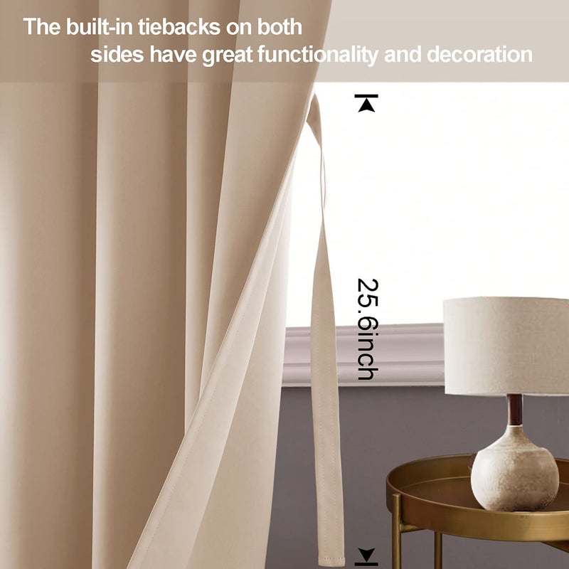 JIUZHEN Beige Blackout Curtains with Tiebacks - Thermal Insulated  Light Blocking and Noise Reducing Grommet Curtains for Bedroom and Living Room  Set of 2 Window Curtain Panels  70 x 84 Inch Length - Image 3