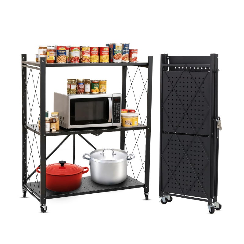 COKIHOM 3 Tier Foldable Storage Shelf with Wheels, Heavy Duty Collapsible Metal Shelf Rack Folding Bookshelf, No Assembly Rolling Cart for Kitchen, Pantry, Closet, Office, Bathroom, Garage Organizer, Black - Image 1