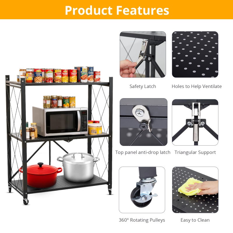COKIHOM 3 Tier Foldable Storage Shelf with Wheels, Heavy Duty Collapsible Metal Shelf Rack Folding Bookshelf, No Assembly Rolling Cart for Kitchen, Pantry, Closet, Office, Bathroom, Garage Organizer, Black - Image 4