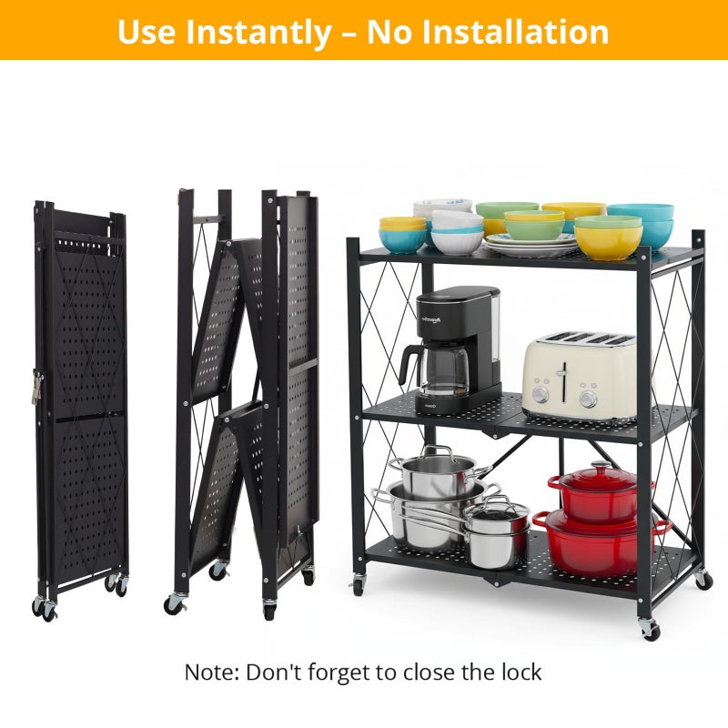 COKIHOM 3 Tier Foldable Storage Shelf with Wheels, Heavy Duty Collapsible Metal Shelf Rack Folding Bookshelf, No Assembly Rolling Cart for Kitchen, Pantry, Closet, Office, Bathroom, Garage Organizer, Black - Image 3