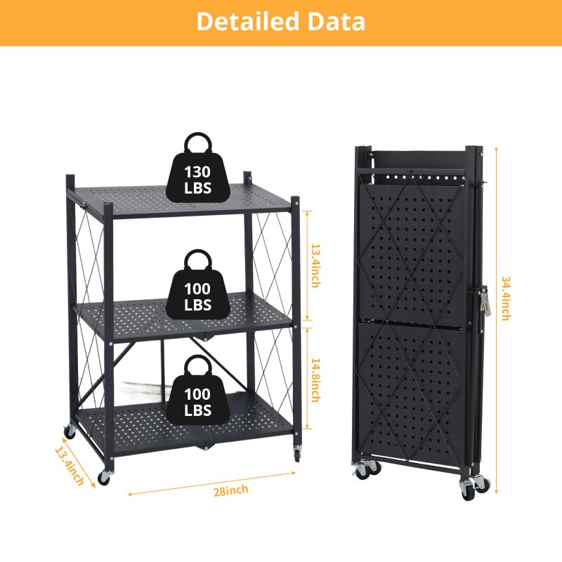 COKIHOM 3 Tier Foldable Storage Shelf with Wheels, Heavy Duty Collapsible Metal Shelf Rack Folding Bookshelf, No Assembly Rolling Cart for Kitchen, Pantry, Closet, Office, Bathroom, Garage Organizer, Black - Image 2