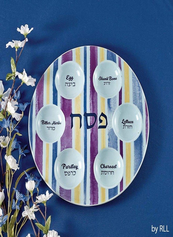 Rite Lite 12" Seder Plate, Blue and Purple Joseph's Coat Holiday Passover Ceramic Plate with Gold Accents For Pesach - Image 3
