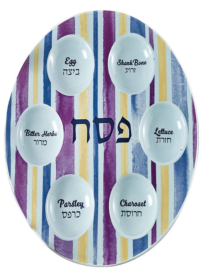 Rite Lite 12" Seder Plate, Blue and Purple Joseph's Coat Holiday Passover Ceramic Plate with Gold Accents For Pesach - Image 2