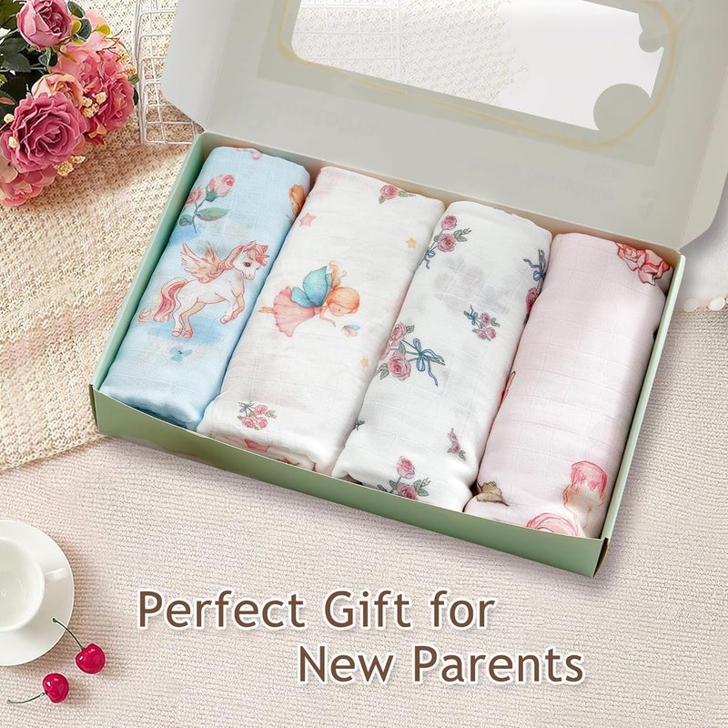 IBESTOPIA Muslin Baby Swaddle Blankets, 4-Pack 47x47 inches, Breathable 100% Rayon from Bamboo Receiving Blanket, Shower & Registry Gift (Blue Unicorn/Fairy/Bow Rose/Pink Unicorn) - Image 5