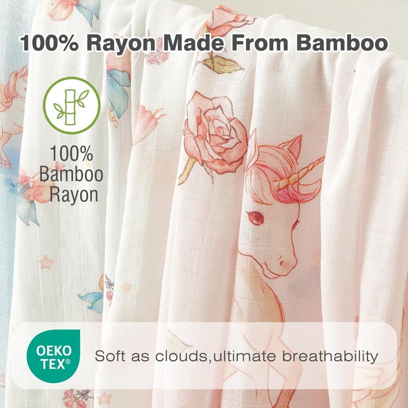 IBESTOPIA Muslin Baby Swaddle Blankets, 4-Pack 47x47 inches, Breathable 100% Rayon from Bamboo Receiving Blanket, Shower & Registry Gift (Blue Unicorn/Fairy/Bow Rose/Pink Unicorn) - Image 3
