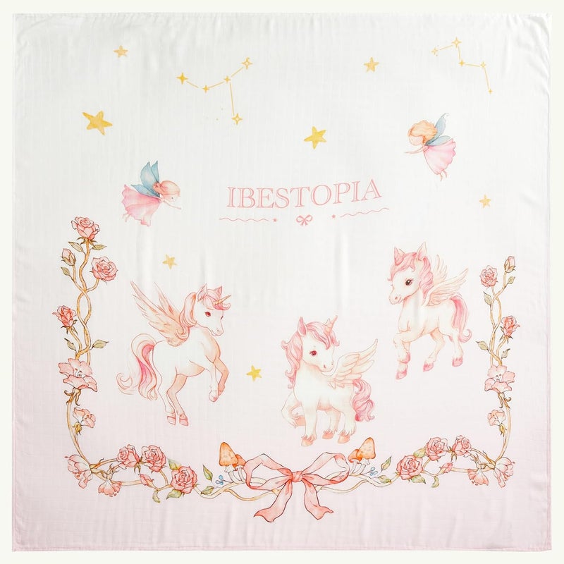 IBESTOPIA Muslin Baby Swaddle Blankets, 4-Pack 47x47 inches, Breathable 100% Rayon from Bamboo Receiving Blanket, Shower & Registry Gift (Blue Unicorn/Fairy/Bow Rose/Pink Unicorn) - Image 2